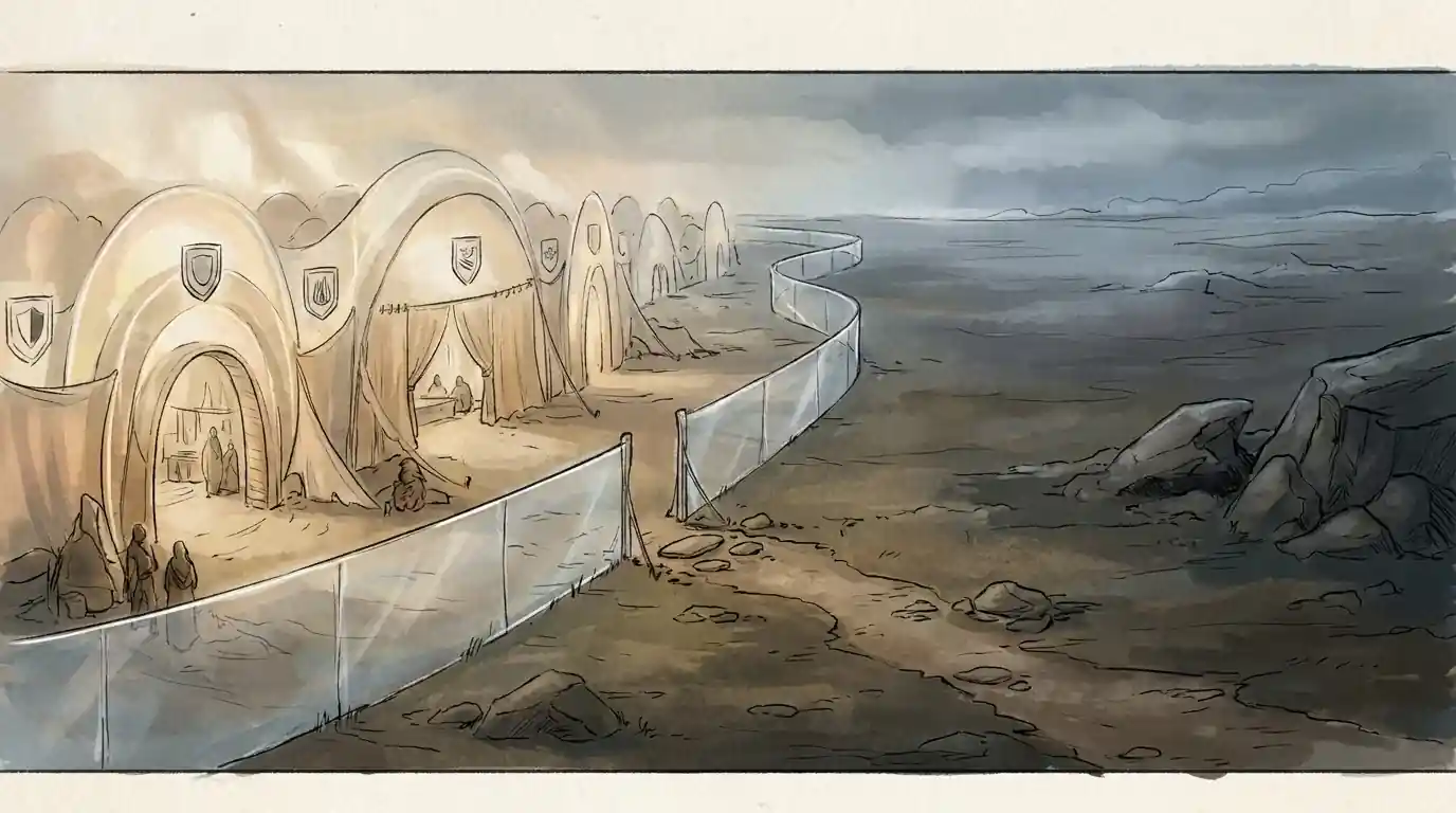 Illustration einer Grenzlinie: links ein geschützter Bereich mit mehreren Sicherungen, rechts offenes, ungesichertes Gelände, ein Pfad führt hinaus