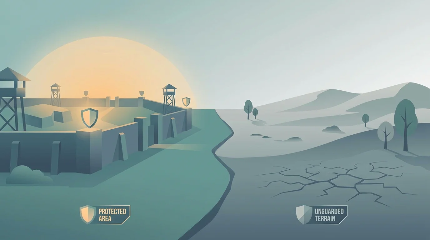 Illustration einer Grenzlinie, links ein geschützter Bereich mit mehreren Sicherungen, rechts offenes, ungesichertes Gelände