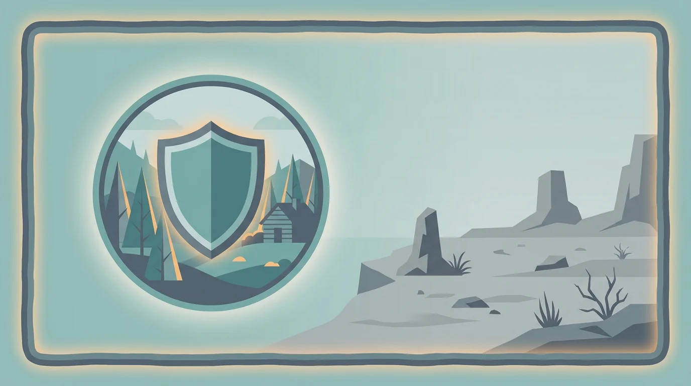 Illustration einer Grenzlinie, auf der einen Seite ein geschützter Bereich mit Schild, auf der anderen offenes, ungesichertes Gelände