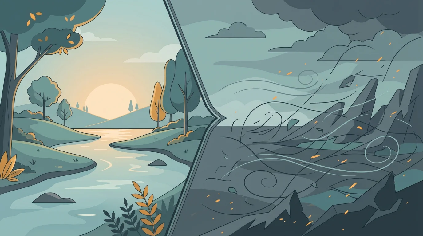 Illustration einer Grenzlinie, links ein geschützter Bereich mit ruhigem Takt, rechts ein rastloses, ungebremstes Feld