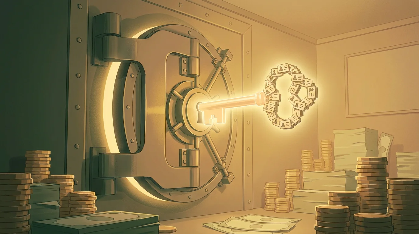 Illustration: ein Tresor mit einem Schlüssel, der Ausweis-Symbole trägt, warmes Licht, Gefühl von Sicherheit für das eigene Geld