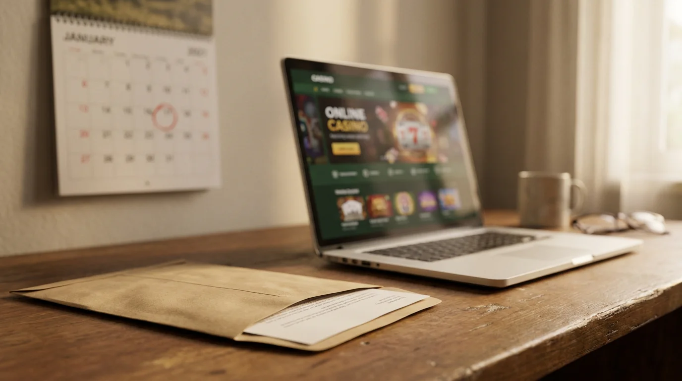 Ein Briefumschlag mit einer Rechnung liegt neben einem Laptop mit geöffnetem Casino, im Hintergrund ein Kalender mit einem späteren Zahltag.
