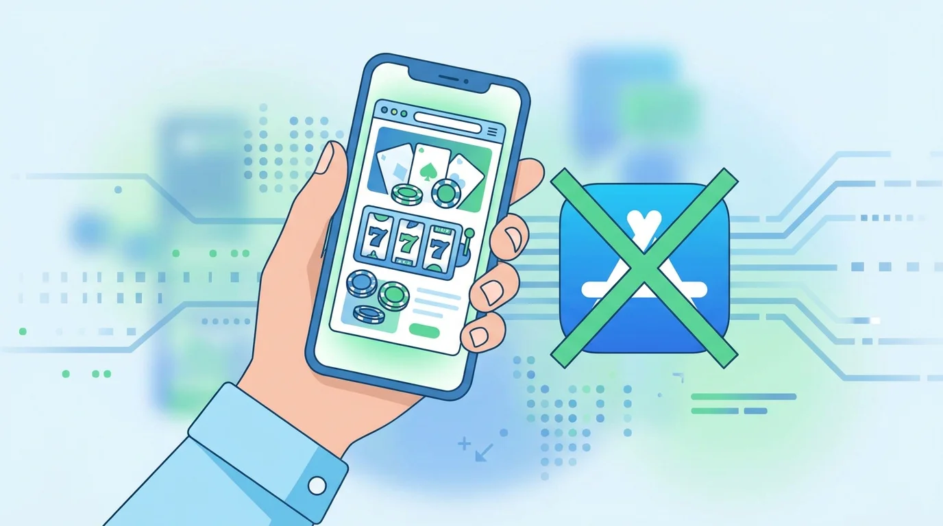 Hand hält ein Smartphone, auf dem ein Casino im mobilen Browser läuft, daneben eine durchgestrichene App-Installation