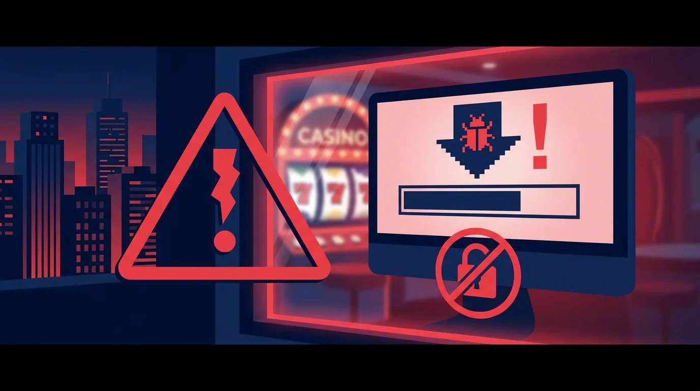 Warnschild vor einem Casino, das zum Herunterladen einer Software mit Schadprogramm-Symbol auffordert