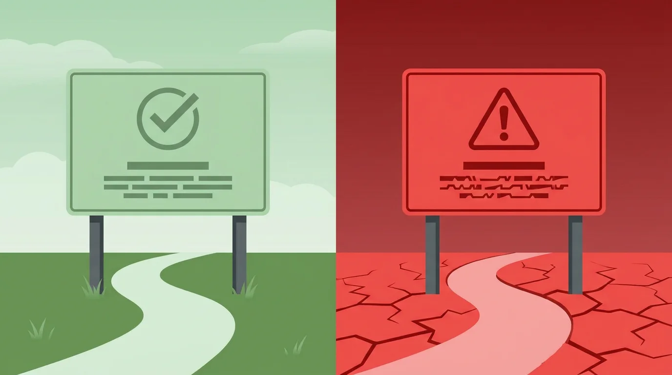 Zwei ähnlich aussehende Schilder: "ohne Download" grün und harmlos, "ohne Anmeldung" rot mit Warnsymbol