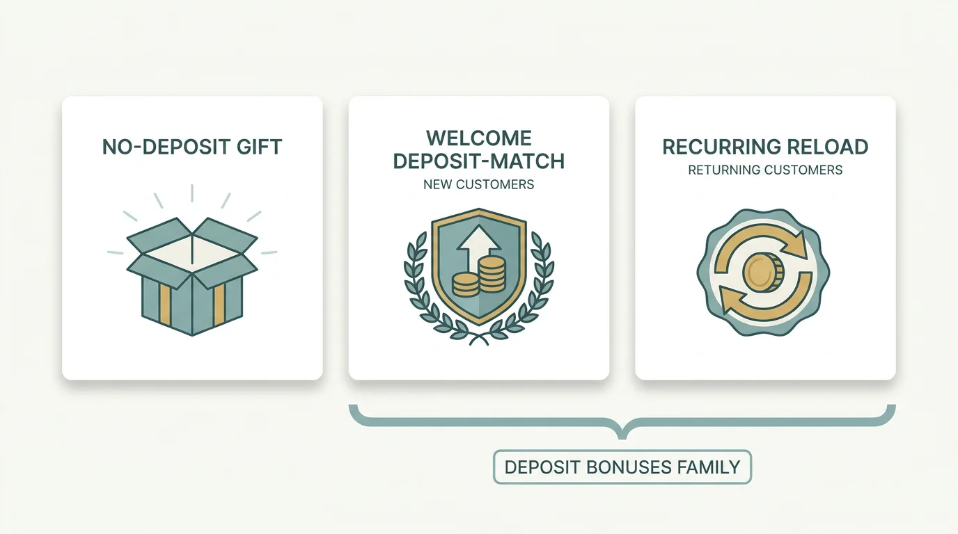Uebersicht der Bonusarten: No-Deposit-Bonus ohne Einzahlung, Willkommens-Einzahlungsbonus fuer Neukunden und Reload-Bonus fuer Bestandskunden im Vergleich