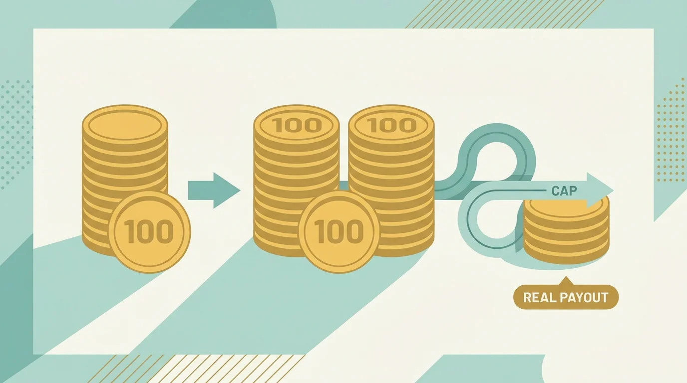 Sinnbild fuer den 100-Prozent-Bonus: eine Einzahlung wird verdoppelt, doch Umsatzbedingung und Deckel bestimmen, wie viel vom verdoppelten Guthaben real auszahlbar bleibt