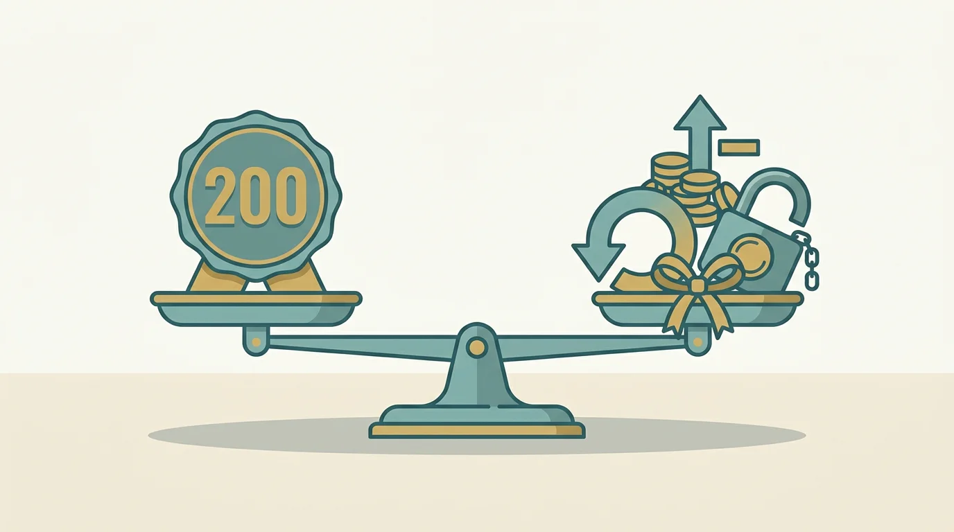 Waage-Sinnbild: der 200-Prozent-Bonus lohnt sich nur, wenn Umsatzfaktor, Deckel und Sticky-Frage ebenso fair sind wie bei einem guten 100-Prozent-Bonus - sonst ist der Standard besser