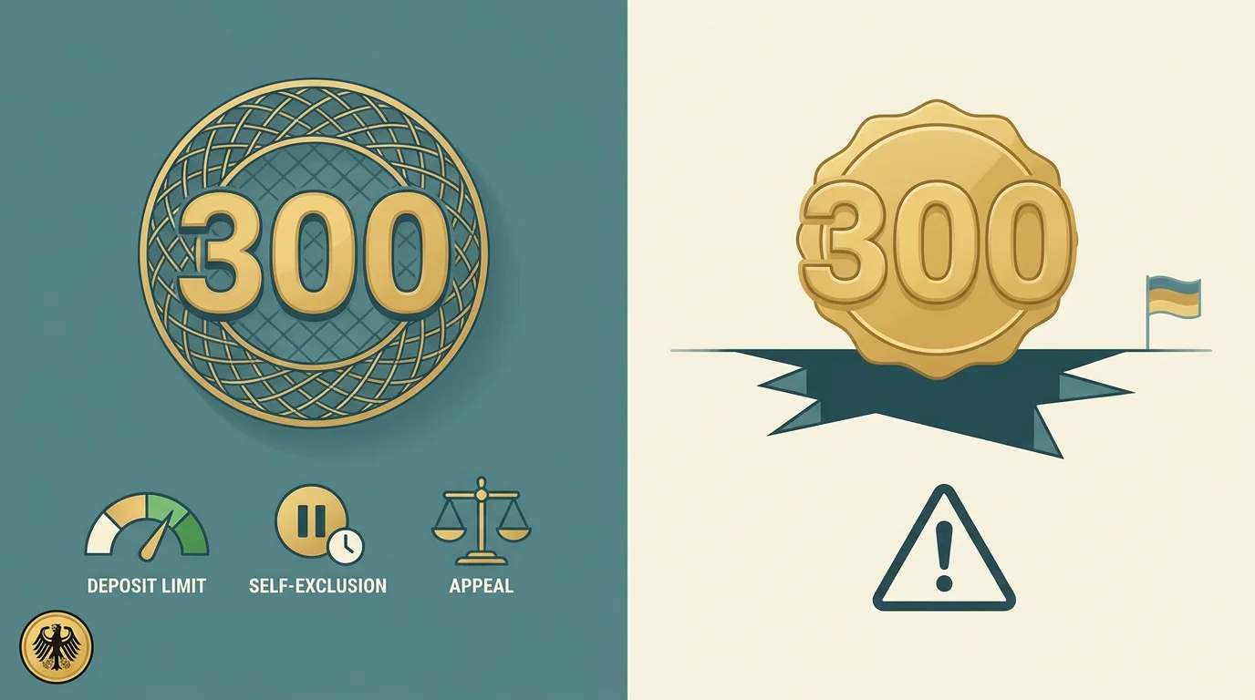 Sinnbild fuer den legalen Rahmen: ein seltener lizenzierter 300-Prozent-Bonus mit Schutznetz gegenueber einem haeufigen Auslandsangebot ohne Einzahlungslimit, OASIS und Beschwerdeweg