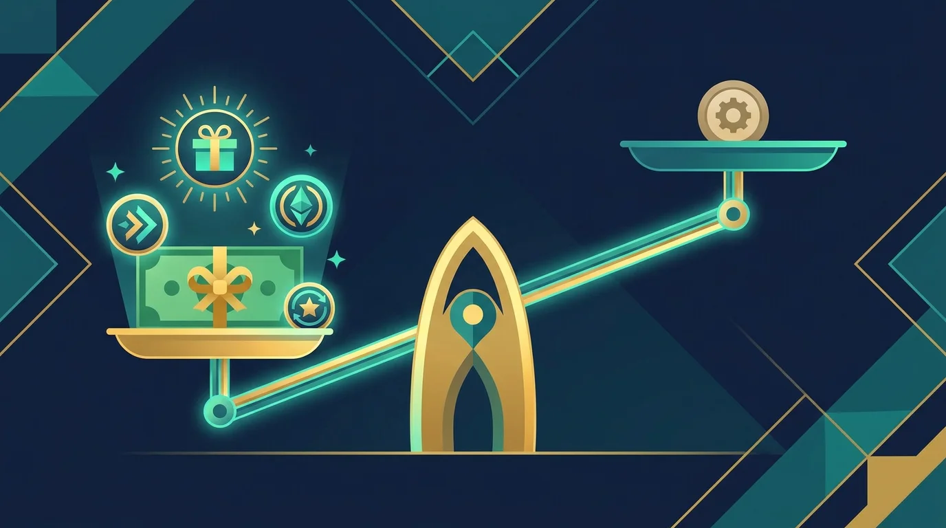 Eine Waage, die einen Geldschein mit Freidrehungen auf der einen Seite und ein Spiel-Symbol auf der anderen vergleicht