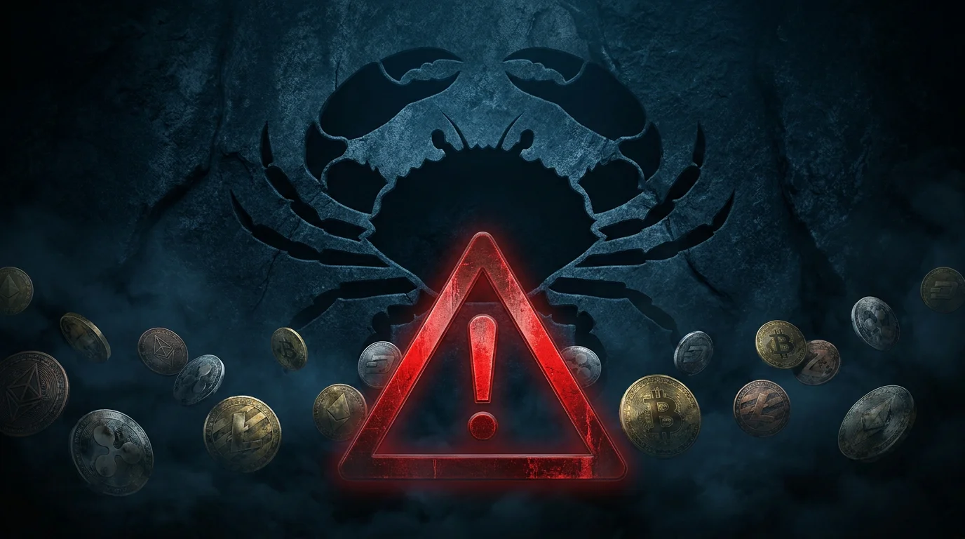 Ein Krebs-Symbol im Hintergrund, überlagert von Kryptowährungs-Symbolen und einem Warndreieck