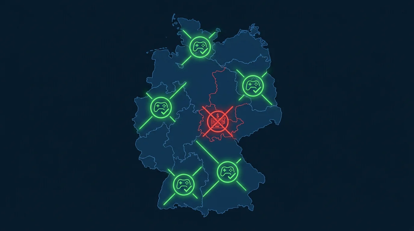 Eine Deutschlandkarte, auf der ein lizenziertes Grundspiel grün und die gekaufte Bonus-Runde rot markiert ist