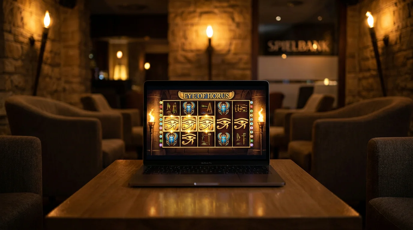 Eye-of-Horus-Slot mit aegyptischem Motiv und Horusauge auf einem Bildschirm im legalen deutschen Online Casino