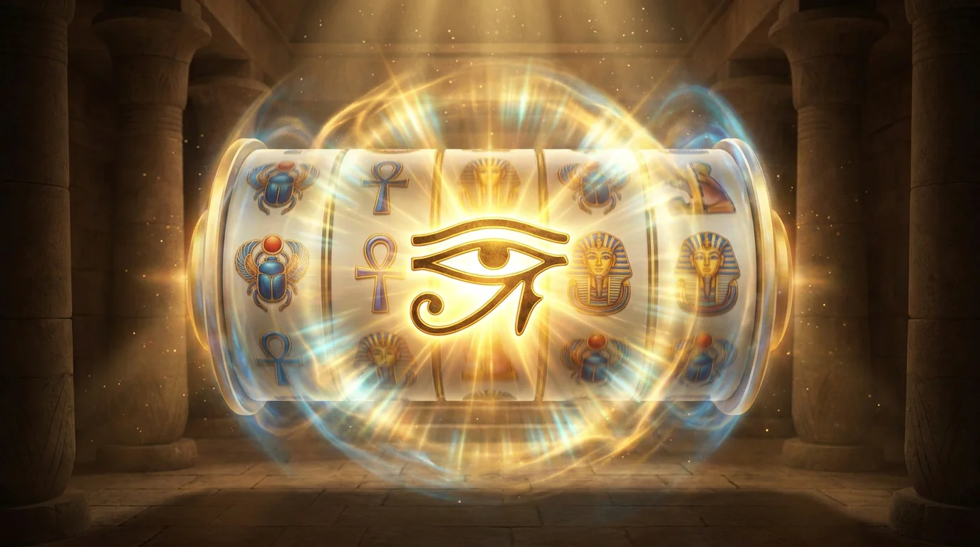 Sich ausdehnendes Horus-Symbol ueber eine Walze als Kernmechanik der Freispielrunde