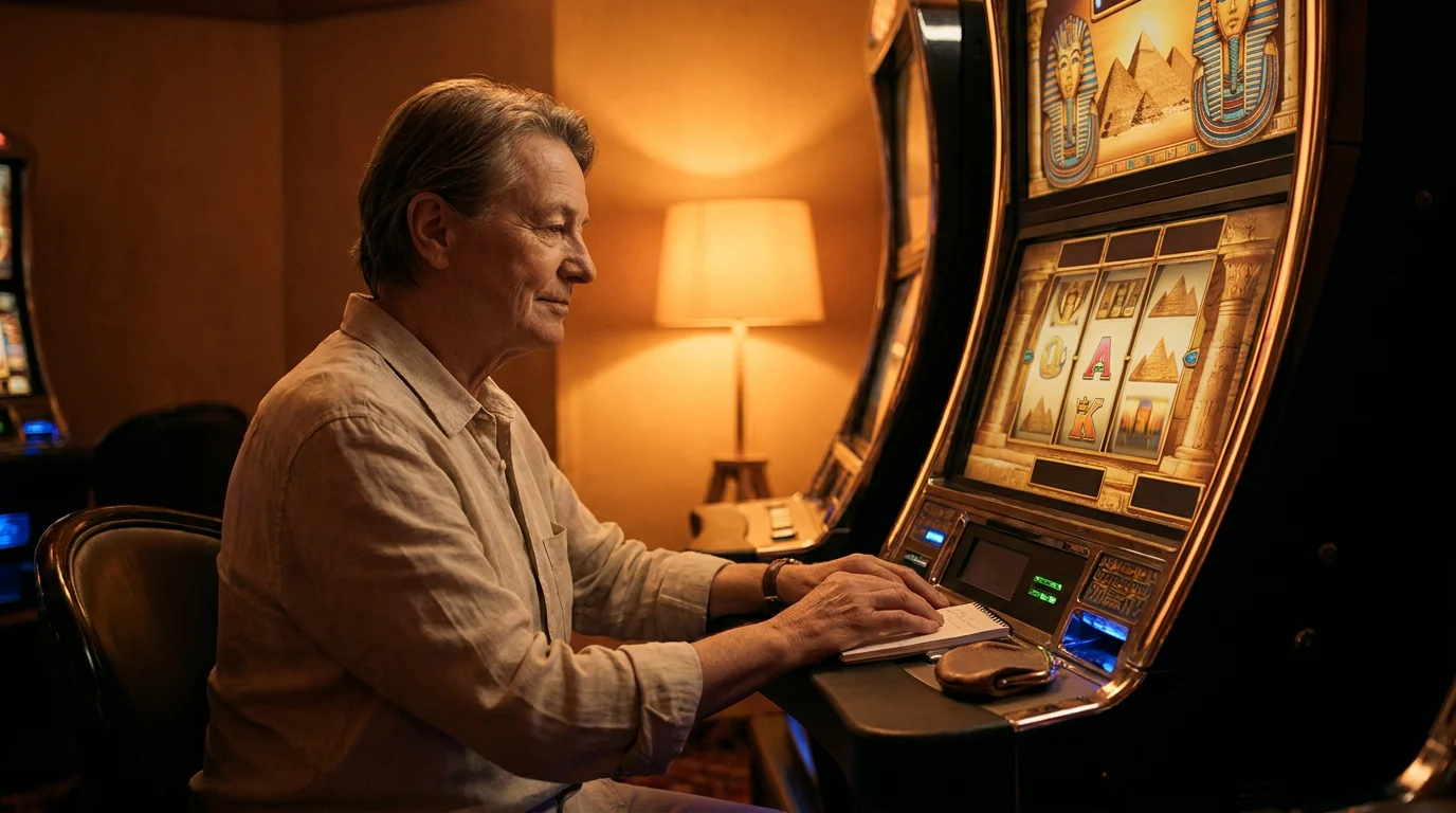 Zufriedener Spieler mit festem Budget vor dem Eye-of-Horus-Slot als Symbol bewussten Spielens