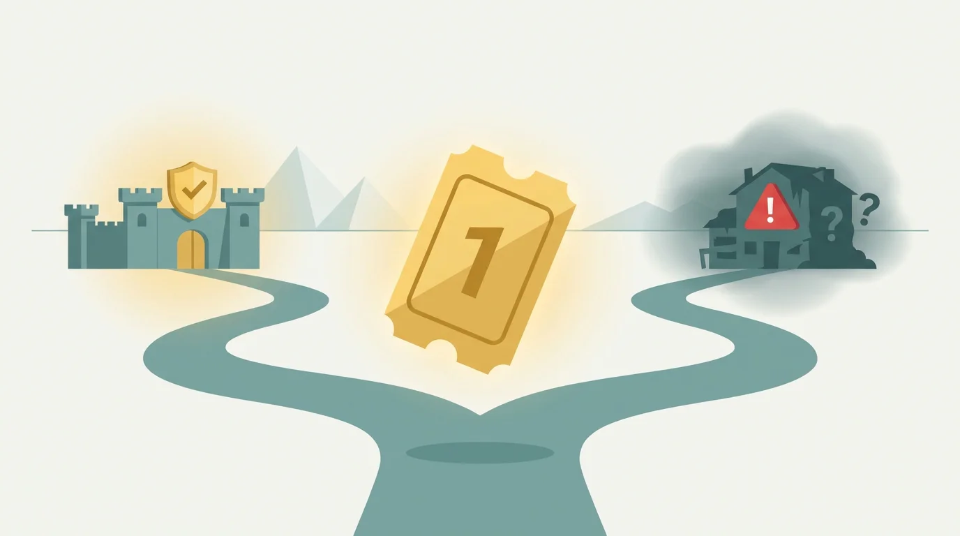 Sinnbild fuer den Neukundenbonus: ein einmaliges Startangebot mit einer Nummer eins, dahinter die Wahl zwischen einem geschuetzten lizenzierten Casino und einem ungeschuetzten Anbieter