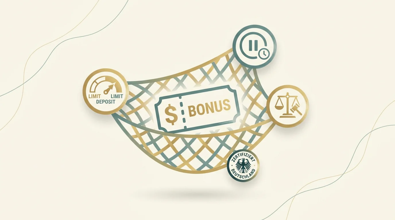 Sinnbild fuer den legalen Rahmen: ein Neukundenbonus bei einem lizenzierten Anbieter im Schutznetz aus Einzahlungslimit, OASIS-Sperrsystem und geregeltem Beschwerdeweg