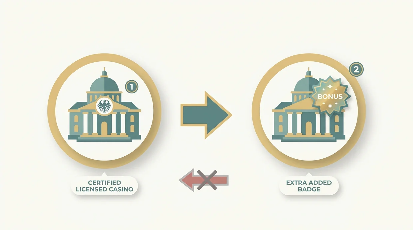 Sinnbild fuer die richtige Reihenfolge: zuerst die Wahl eines lizenzierten seriösen Casinos, dann der Neukundenbonus als Zugabe - nicht umgekehrt der grossen Zahl folgen