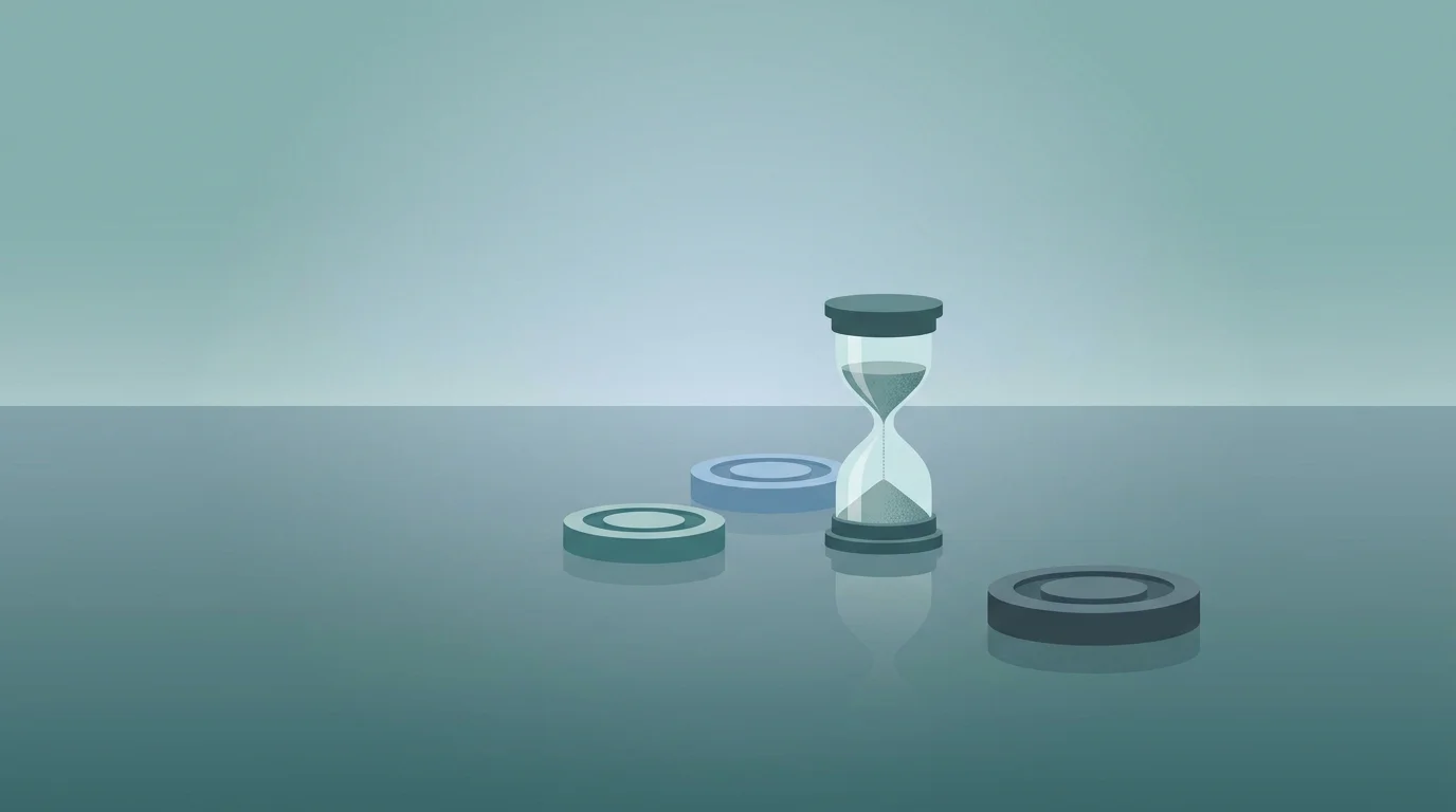 Konzeptbild: eine kurze Sanduhr zwischen zwei Spielrunden, ruhig und gedeckt in Szene gesetzt
