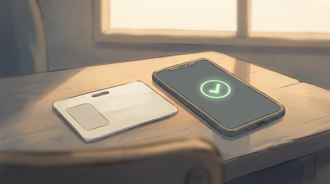 Ruhiges Konzeptbild: ein Personalausweis liegt neben einem Smartphone mit einem Häkchen-Symbol, warmes Gegenlicht, Format 1200x630, vertrauensvolle Stimmung