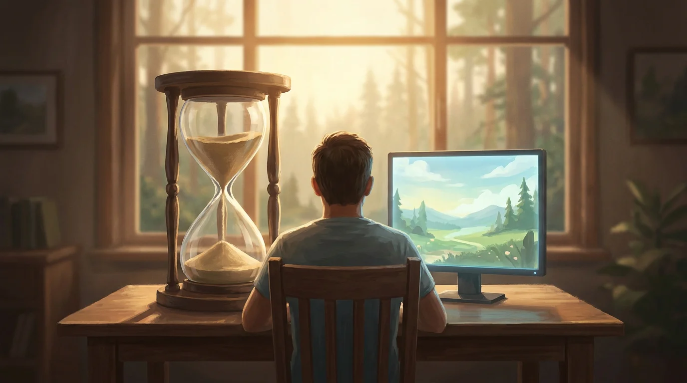 Ruhiges Konzeptbild: eine Sanduhr neben einem Spielbildschirm, warmes Gegenlicht, Format 1200x630, nachdenkliche Stimmung