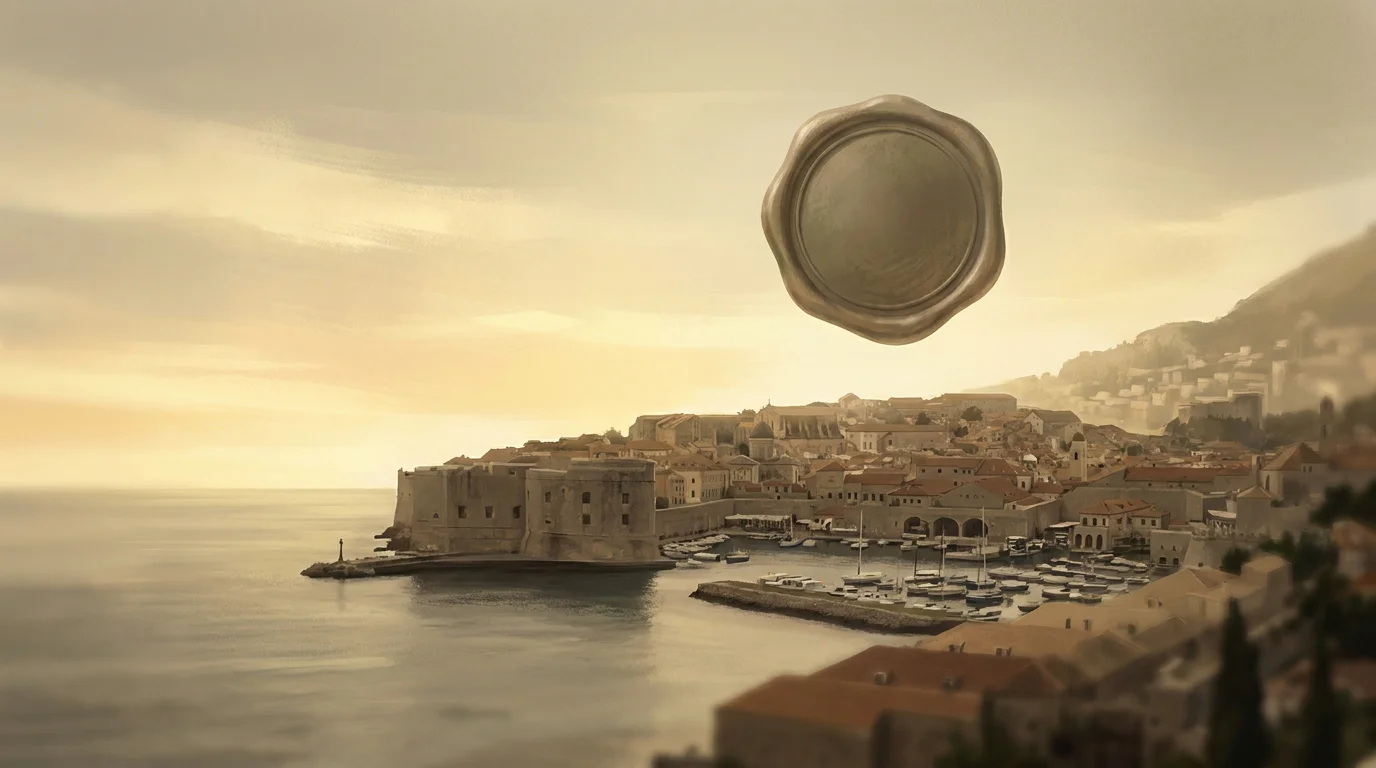 Ruhiges Konzeptbild: eine mediterrane Hafenstadt am Meer in warmem Abendlicht, darüber schwebt ein solides offizielles Siegel, nachdenkliche Stimmung, Format 1200x630, keine Schrift, keine Logos
