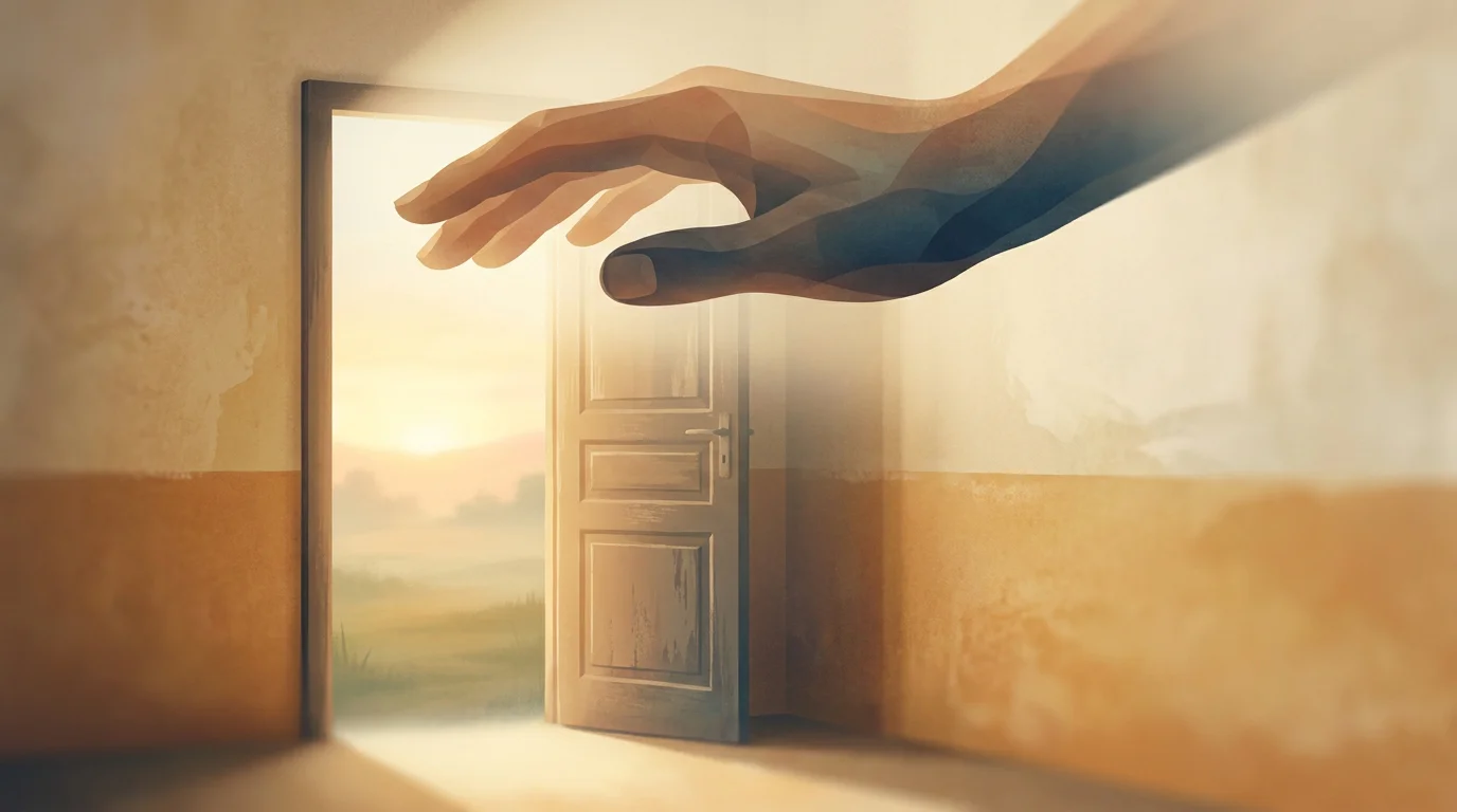 Ruhiges, unterstützendes Konzeptbild: eine schützende Hand über einer offenen Tür ins sanfte Tageslicht, warmes Gegenlicht, Format 1200x630, ernste, fürsorgliche Stimmung