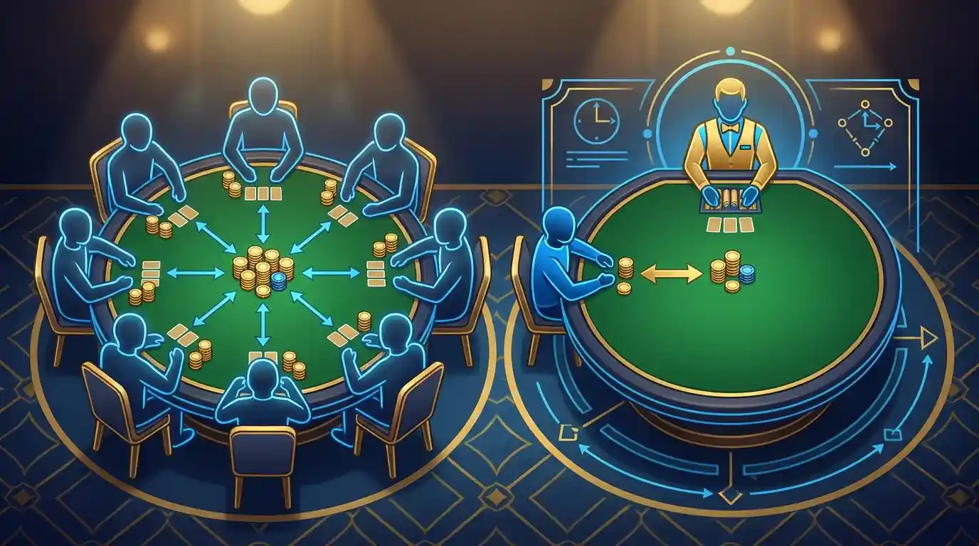Zwei Pokertische nebeneinander: einer mit mehreren Spielern gegeneinander, einer mit einem Spieler gegen den Dealer
