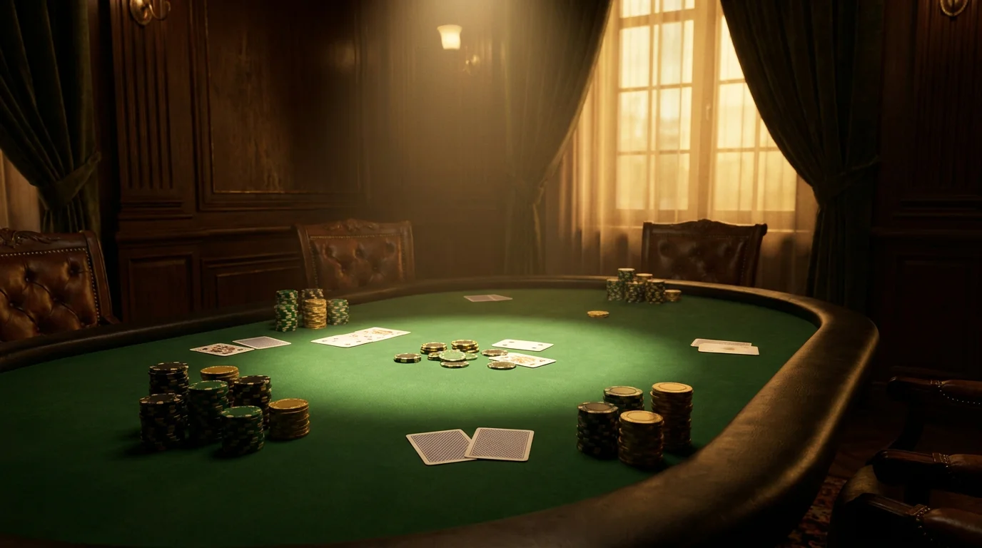 Ein Online-Poker-Tisch mit Karten und Chips auf grünem Filz