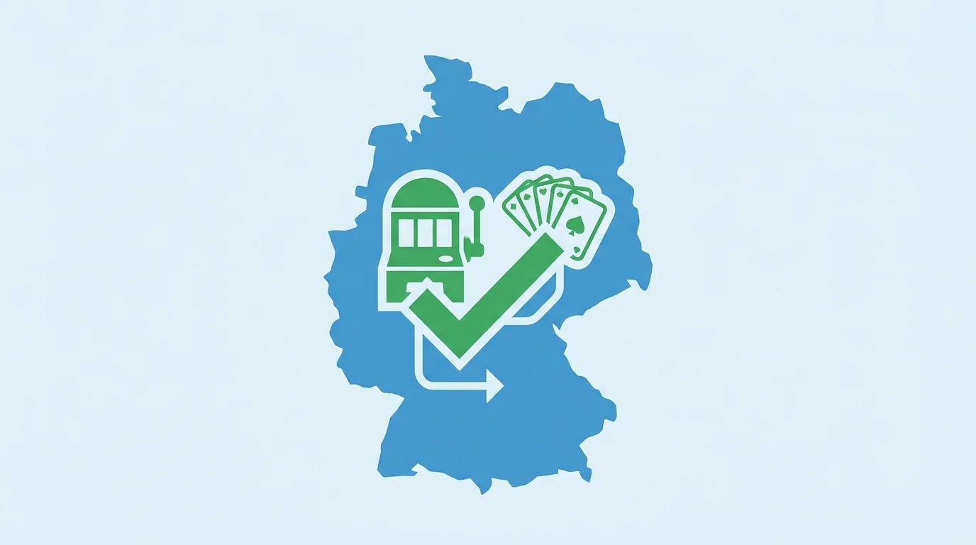 Eine Deutschlandkarte, auf der Automatenspiele und Poker mit einem grünen Haken als bundesweit erlaubt markiert sind