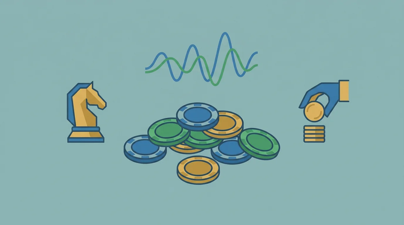 Symbolische Darstellung von Können, kurzfristiger Varianz und der Rake-Gebühr beim Poker