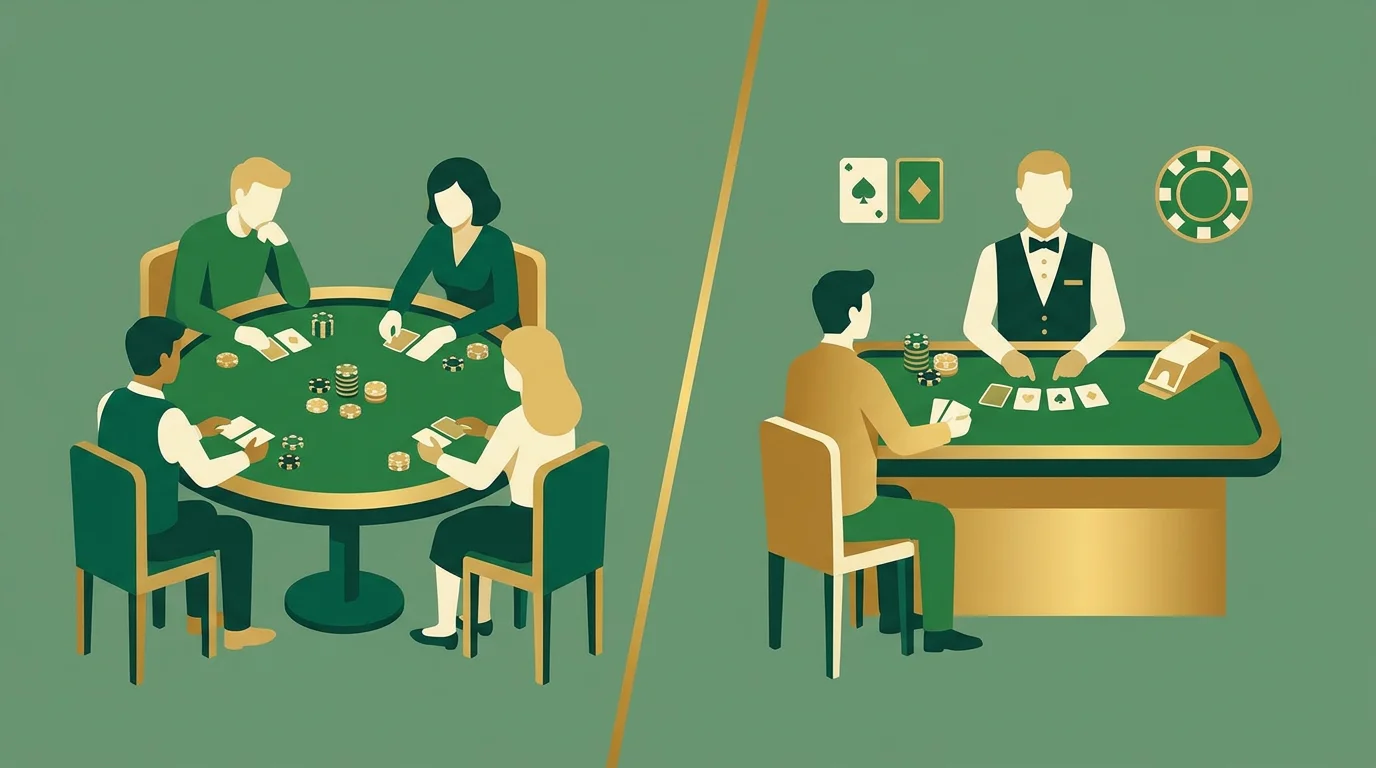 Ein Vergleich: links Spieler, die am Pokertisch gegeneinander antreten, rechts ein Spieler allein gegen das Haus