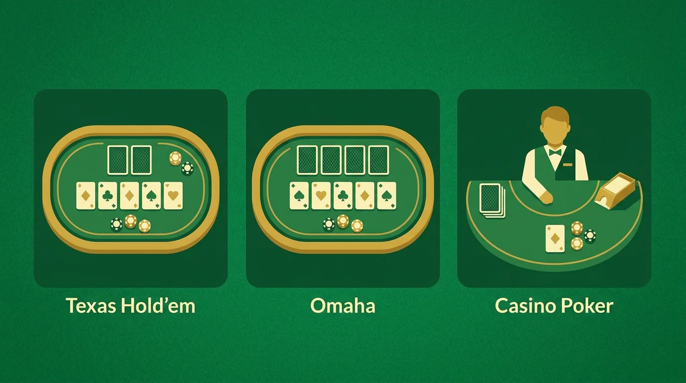 Symbole der wichtigsten Pokervarianten: Texas Hold'em, Omaha und Casino-Poker