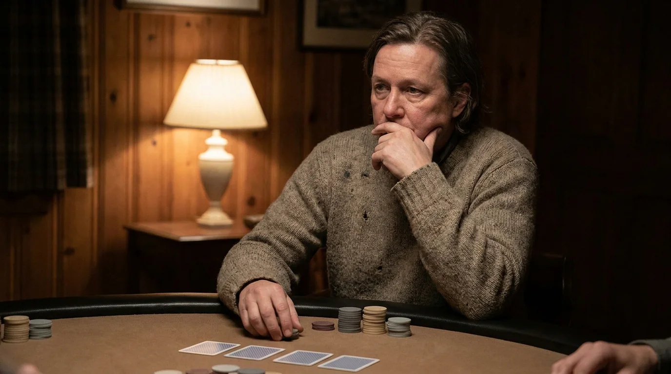 Ein Pokerspieler, der bewusst innehält, als Symbol für verantwortungsvolles Spielen