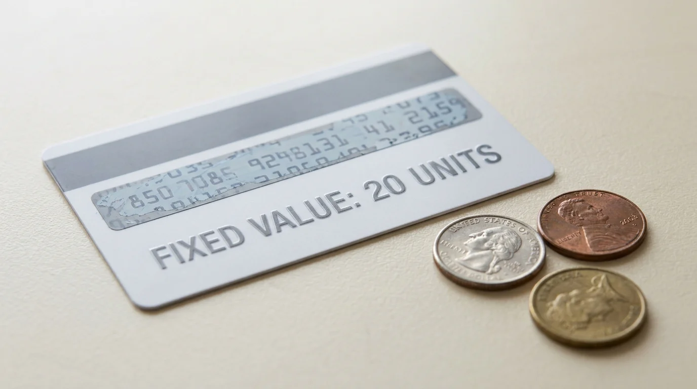 Ein Prepaid-Gutschein mit aufgedrucktem Zahlencode und fester Wertangabe, daneben Münzen als Sinnbild für vorab bezahltes Guthaben.