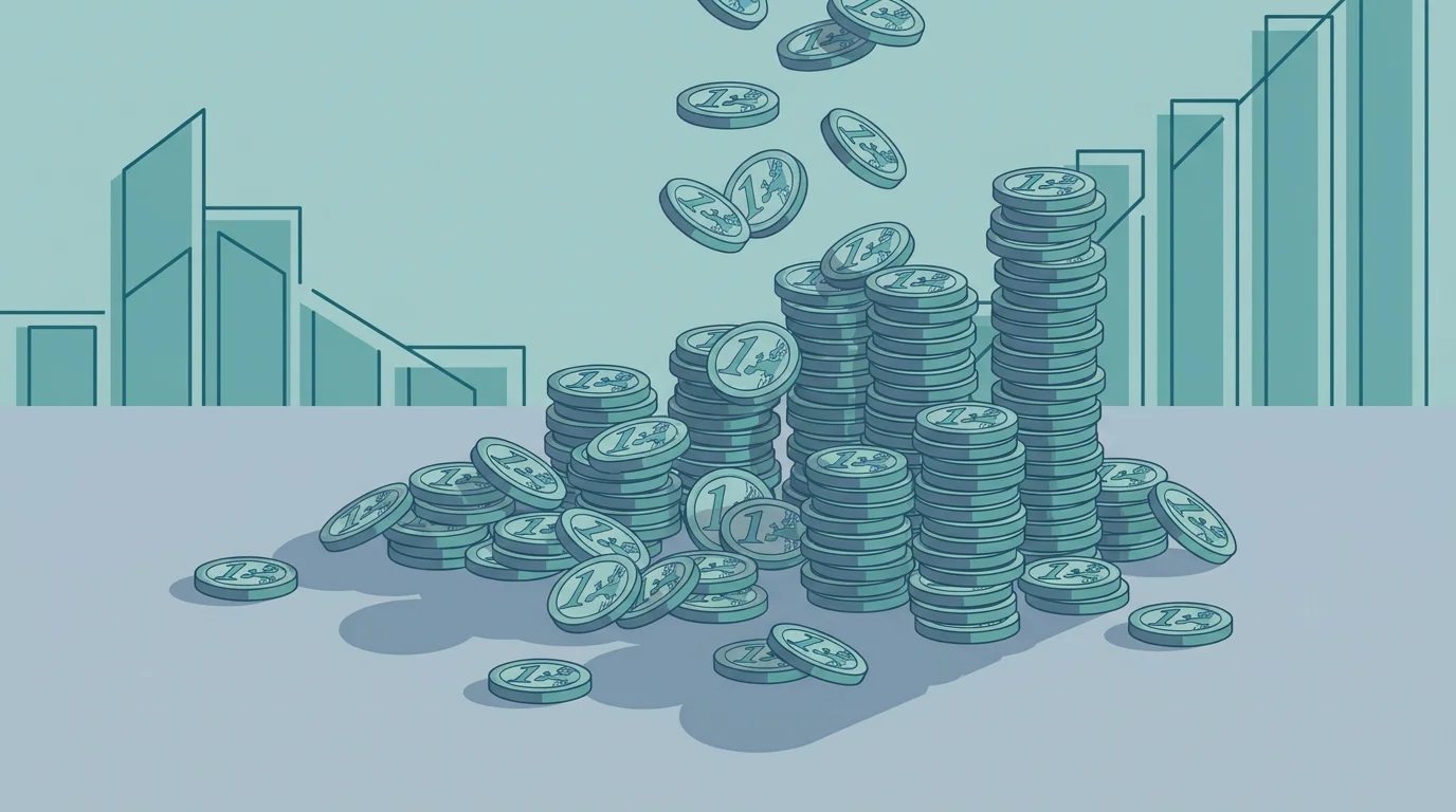 Illustration vieler kleiner Ein-Euro-Münzen, die sich unbemerkt zu einem großen Stapel türmen, in ruhigen Farben