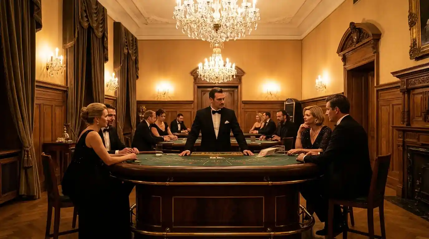 Ein eleganter Baccarat-Tisch in einer landbasierten deutschen Spielbank mit einem Croupier