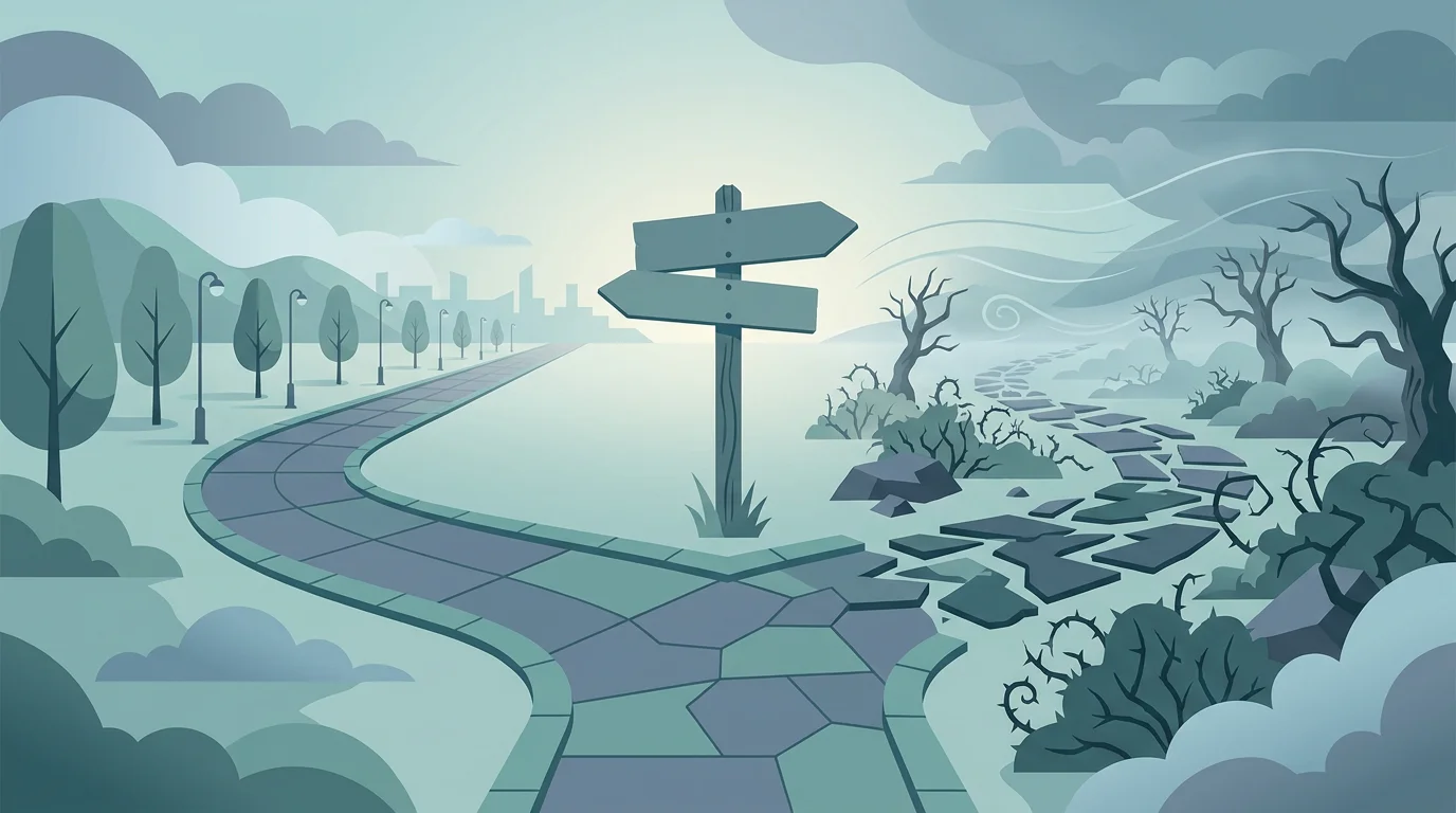 Illustration: ein klar ausgeschilderter Weg gabelt sich, ein Pfad führt geordnet weiter, ein anderer bricht ins Unwegsame ab