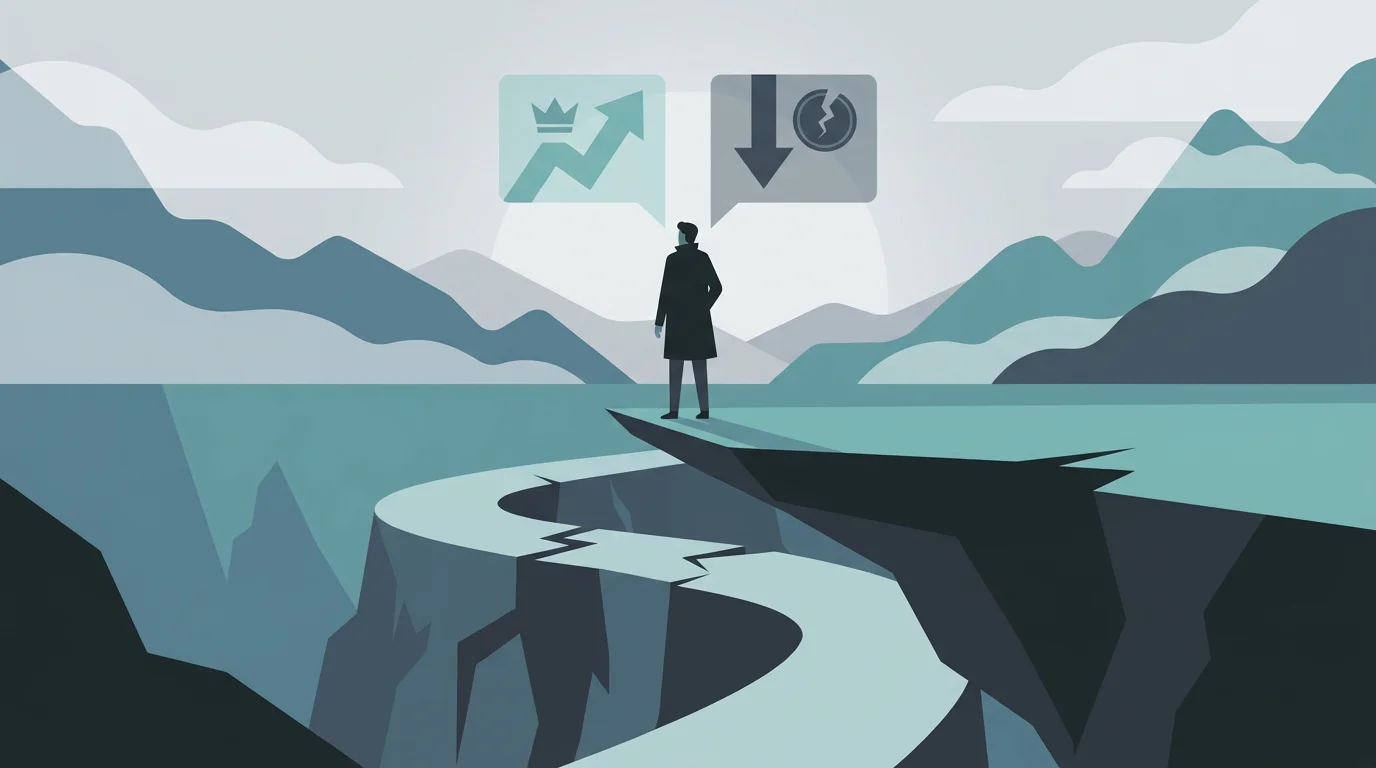 Illustration einer Person, die vor einem hohen Einsatz zögert, während ein Gedanke an schnellen Gewinn und einer an schnellen Verlust gegeneinanderstehen