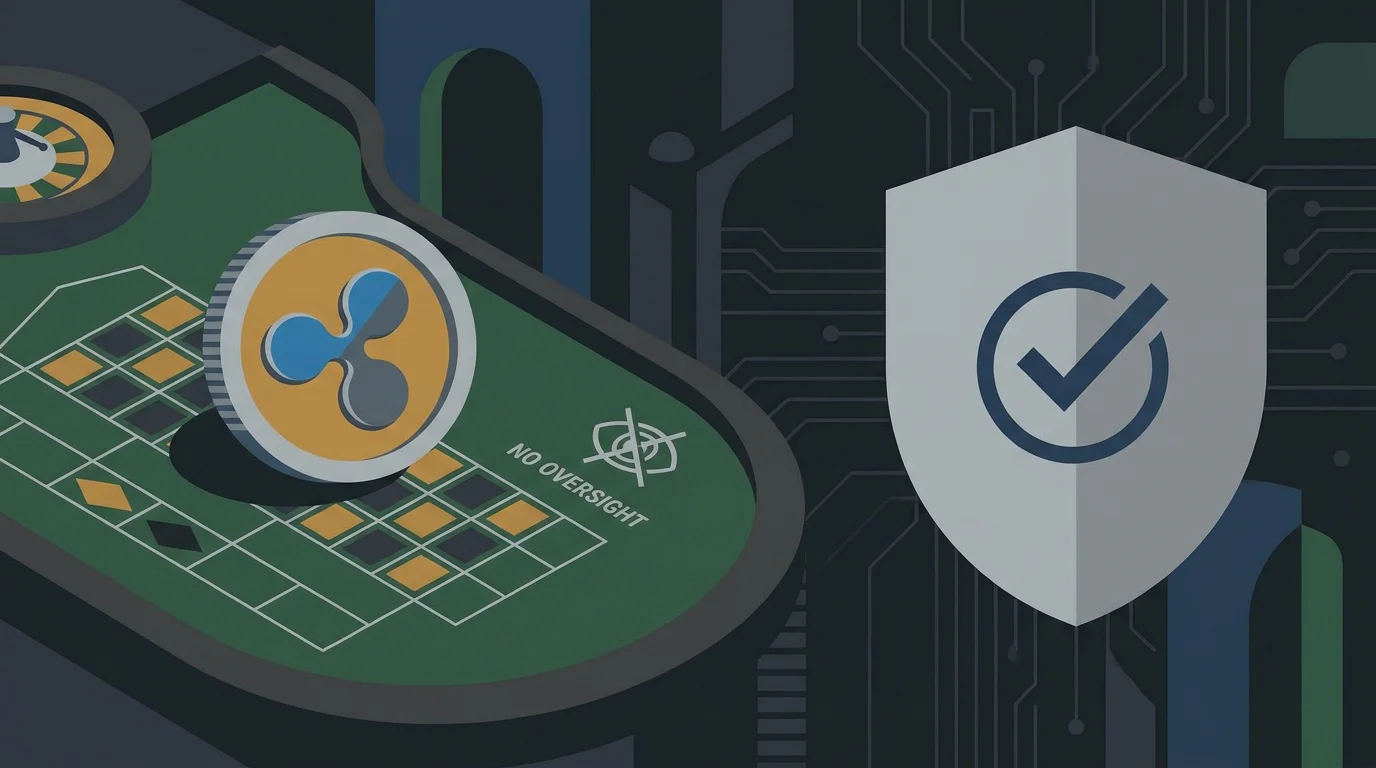 Sinnbild fuer den Ripple-Casino-Vergleich: eine XRP-Muenze, die eigentlich fuer den Bankverkehr gedacht ist, an einem Spieltisch ohne Aufsicht, daneben ein Schutzschild mit deutschem Bezug