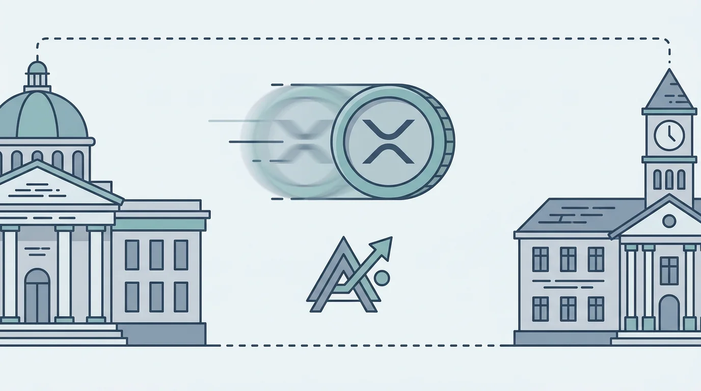 Darstellung von XRP als fuer den Zahlungsverkehr zwischen Instituten entworfener Coin, mit schnellen Ueberweisungen ueber Grenzen und einem Unternehmen im Zentrum