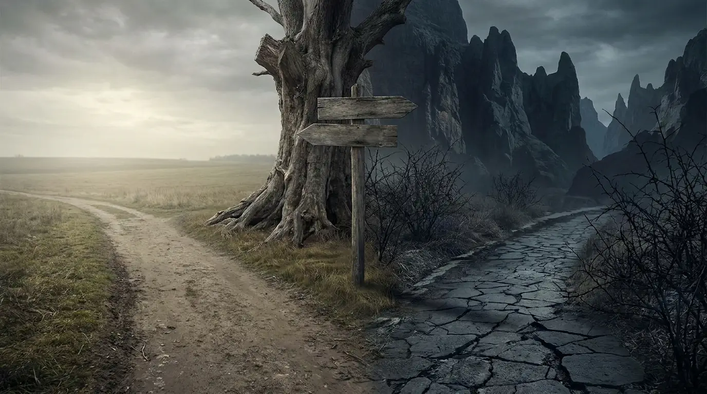 Illustration: ein Weg gabelt sich — links Spiel mit eigenem Guthaben ohne Folgen, rechts Spiel auf Kredit, das zu Schulden und Einträgen führt
