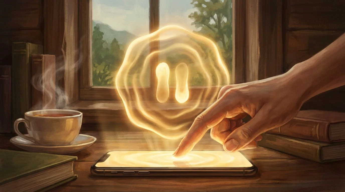 Konzeptbild: ein Smartphone-Bildschirm zeigt eine ruhige Pausen- oder Limit-Funktion, eine Hand betätigt sie bewusst, warmes beruhigendes Licht, keine Schrift, keine Logos, editorialer Stil
