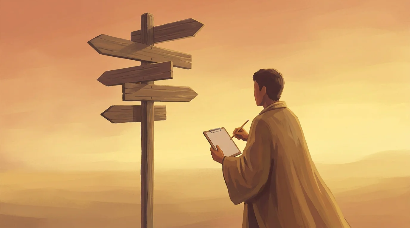 Konzeptbild: eine Person an einem Wegweiser mit mehreren Richtungen, in der Hand eine kleine Prüfliste, überlegte ruhige Stimmung, warme Farben, keine Schrift, keine Logos, editorialer Stil