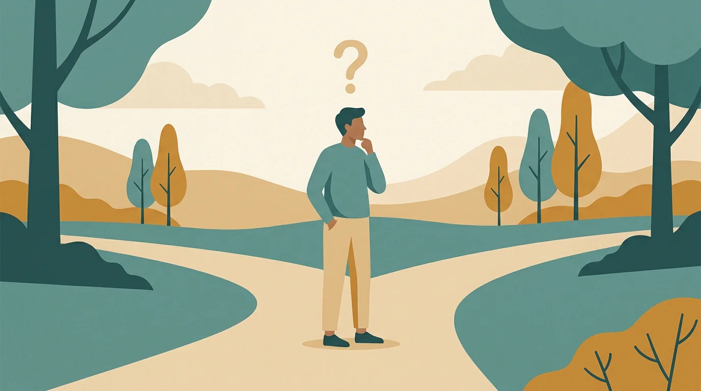 Illustration einer Person, die nachdenklich vor einer Weggabelung steht, ohne Eile, mit einem inneren Fragezeichen