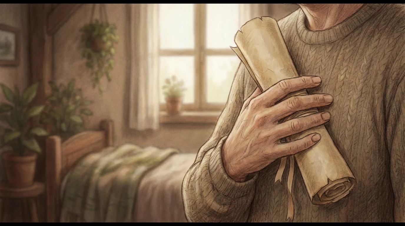 Illustration: eine Hand hält schützend ein Versprechen oder einen Vertrag mit sich selbst, warmes Licht, Gefühl von innerer Stärke und Fürsorge