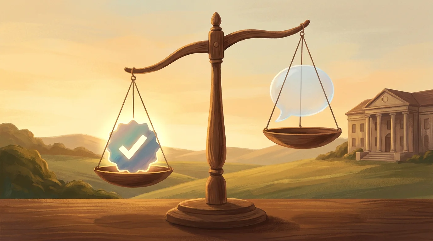 Illustration: eine Waage, auf der einen Seite ein geprüftes Siegel und ein Häkchen, auf der anderen ein leeres Versprechen, warmes Licht, Gefühl von Fairness