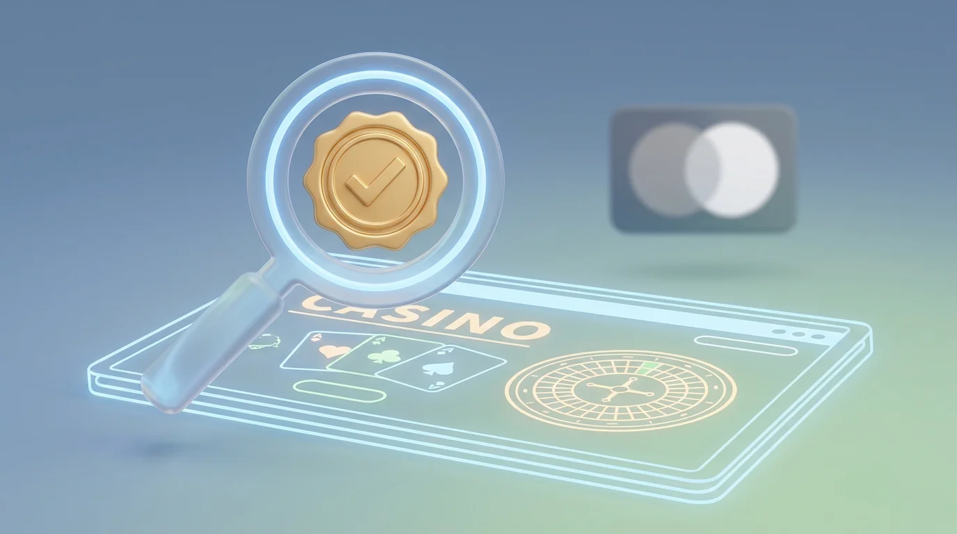 Ein Prüfsiegel mit Lupe über einer Casino-Seite als Sinnbild der Lizenzprüfung, im Hintergrund kleiner das Logo eines Zahlwegs.