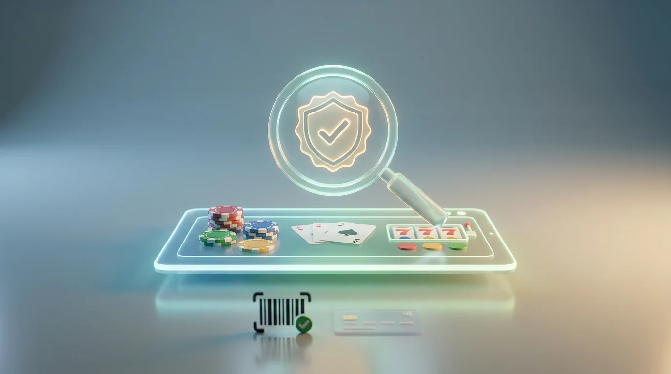 Ein Prüfsiegel mit Lupe über einer Casino-Seite, im Vordergrund kleiner ein Barcode als Sinnbild dafür, dass die Lizenzprüfung vor dem Zahlweg kommt.
