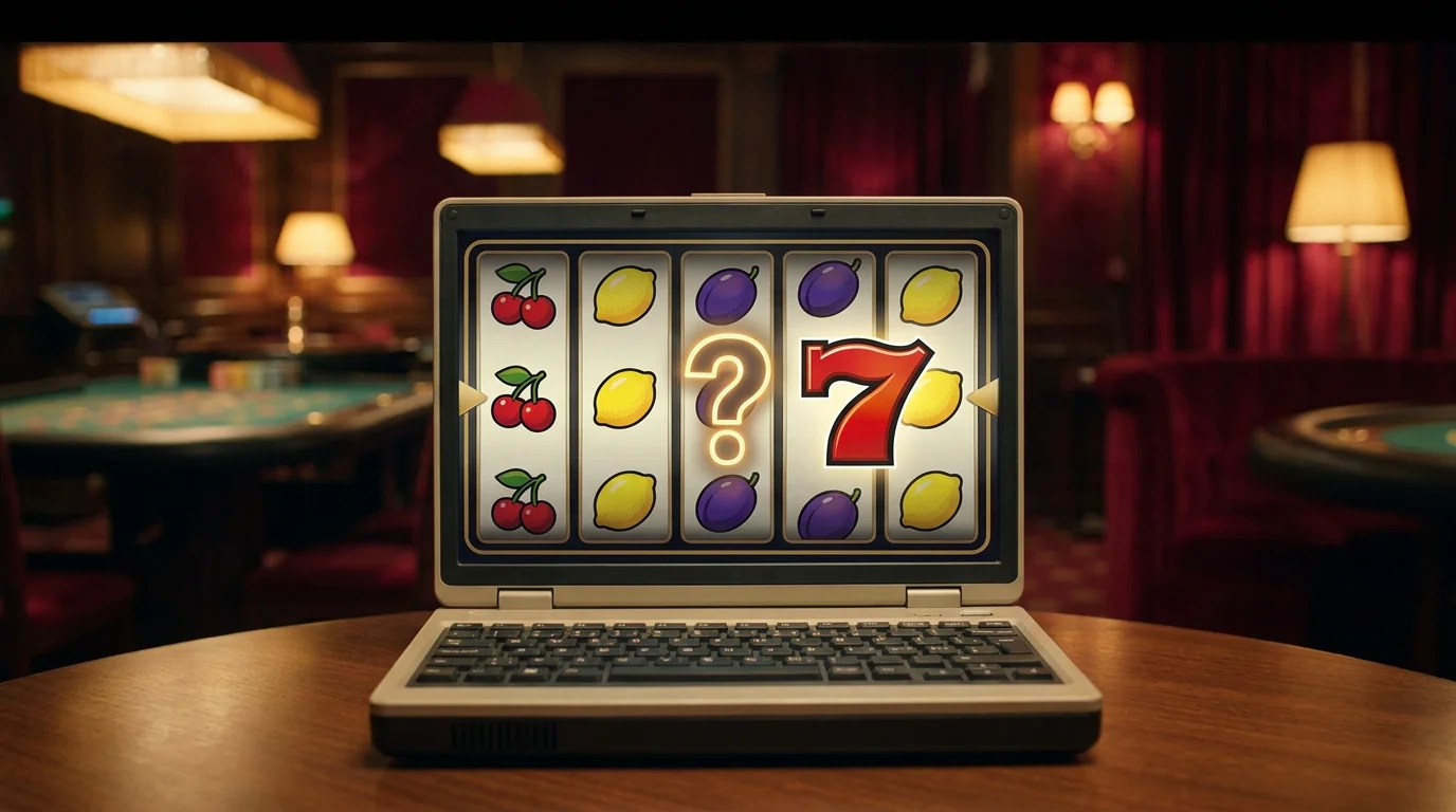 Sizzling-Hot-Slot mit Fruechtesymbolen und roter Sieben auf einem Bildschirm mit Hinweis auf die Lizenzfrage